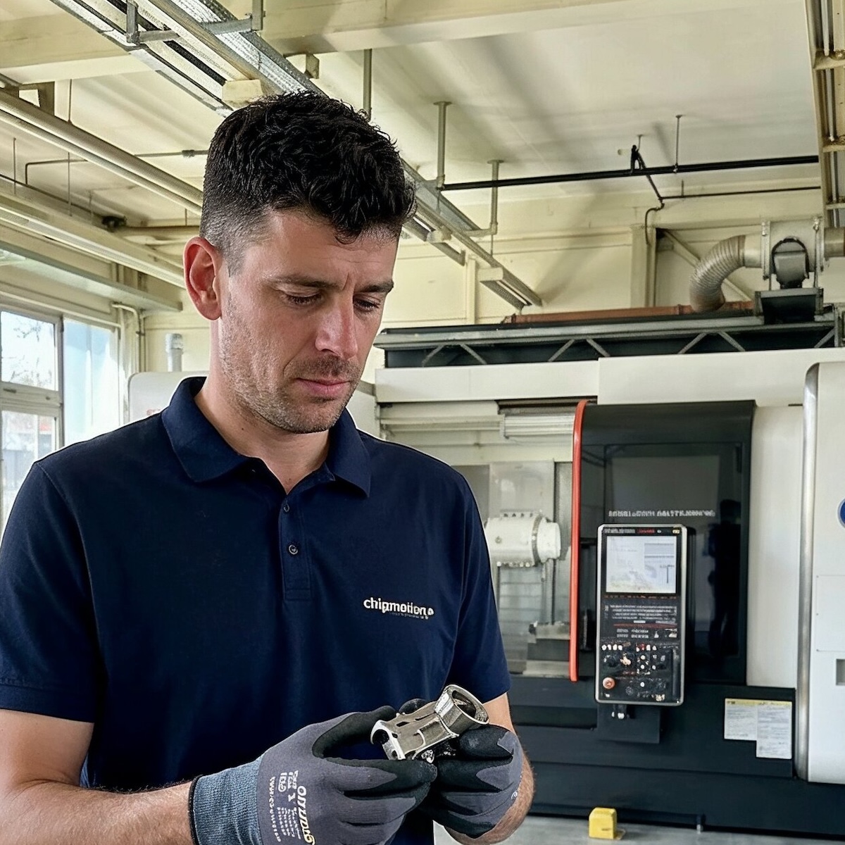 chipmotion-Mitarbeiter prüft ein CNC-gefertigtes Bauteil